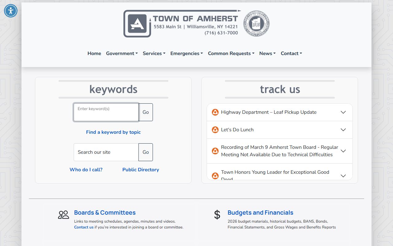 Town of Amherst page showing Amherst Police Department information for sex offender monitoring
