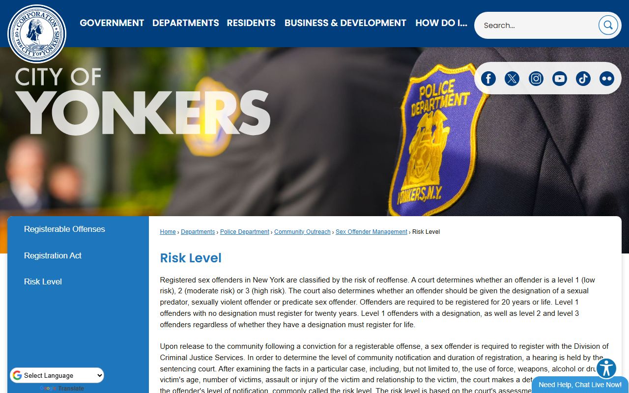 Yonkers risk level information page for sex offenders