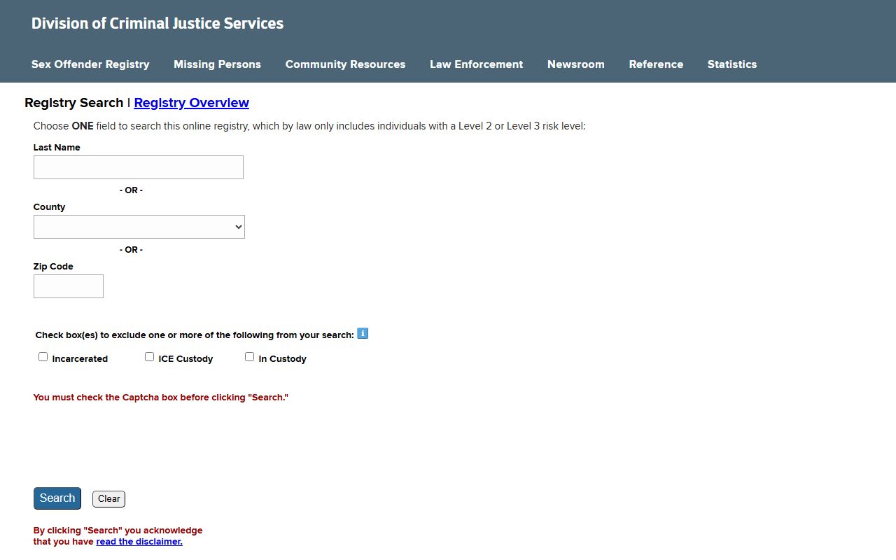 NYS Sex Offender Registry search page showing Lewis County results