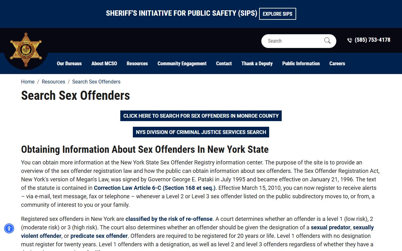 Monroe County Sheriff sex offender resources page for Rochester area