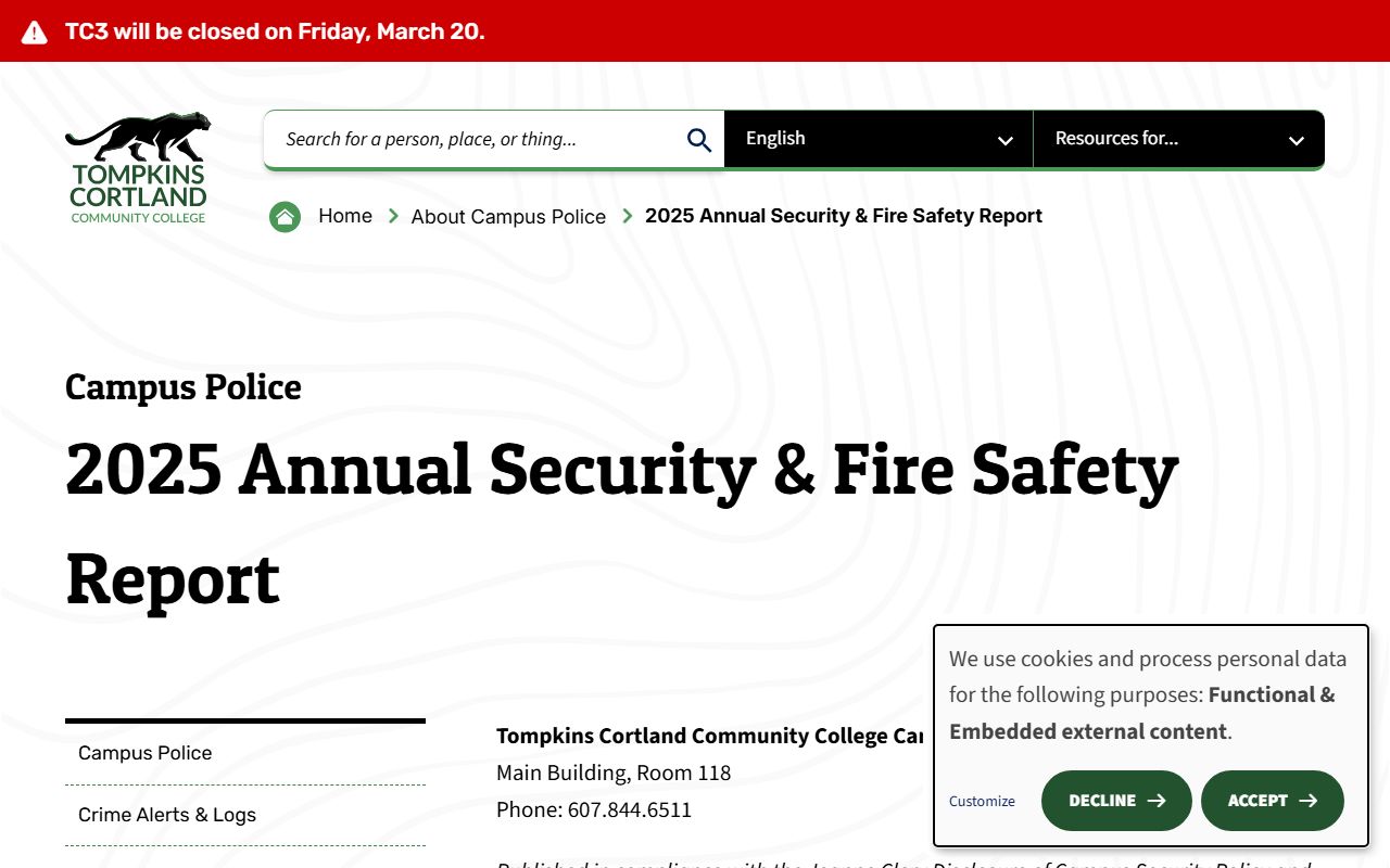 Tompkins Cortland Community College sex offender disclosure information