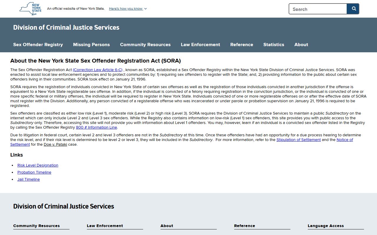 About SORA legal information page from the NYS Division of Criminal Justice Services