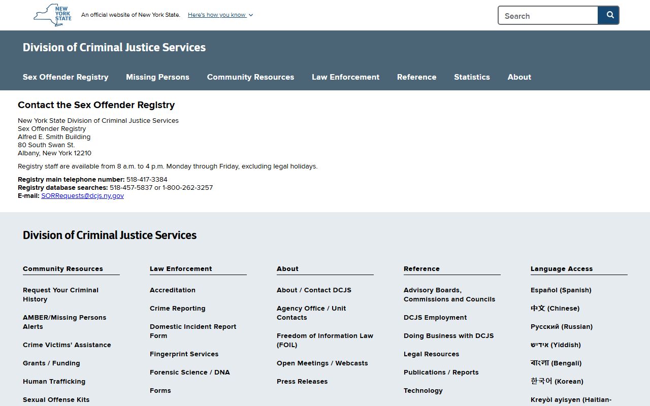 Contact information page for the NYS Sex Offender Registry