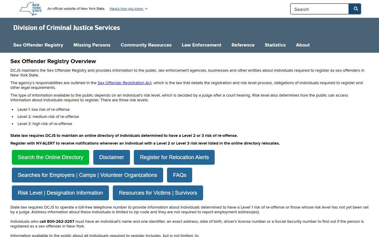 NYS Division of Criminal Justice Services Sex Offender Registry homepage